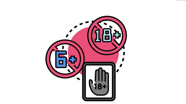 Age bracket concept different demographic group limitations for specific content, products, or services, using prohibition signs and an adult symbol