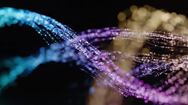 Abstract Fiber Optic Light Waves Glowing in Dark Space. 4K Video