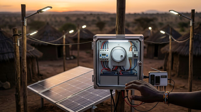 Off-grid solar microgrid system providing clean energy and lighting to rural village in Africa