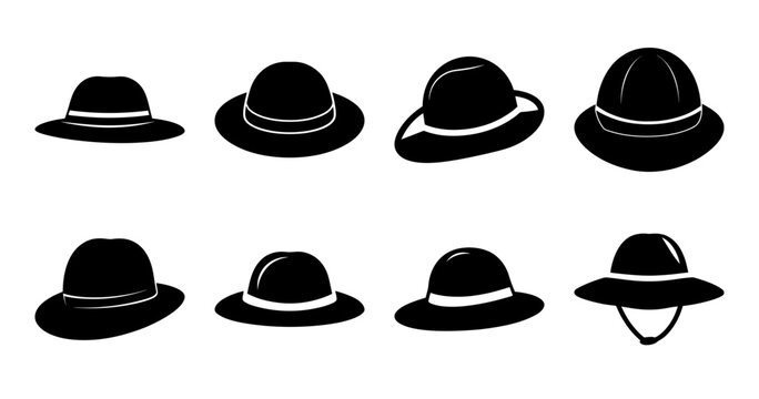 Black flat cap and fedora hats collection - A stylish set of black flat caps and fedoras in various designs, perfect for fashion or branding projects.