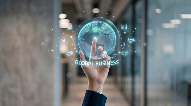 Global business hologram with digital globe and hand representing international trade partnership