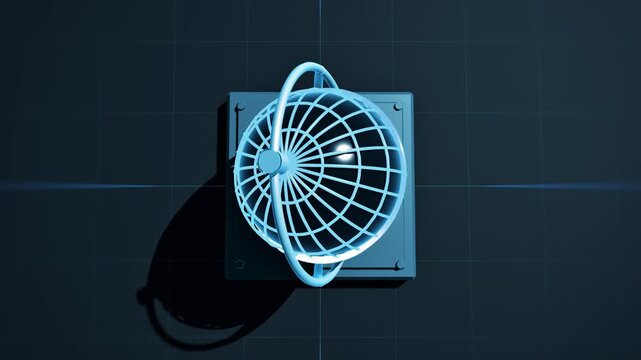 Overhead view of wireframe globe and orbit ring on grid floor
