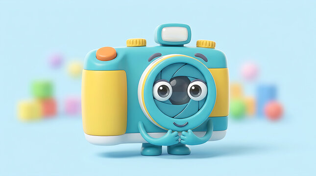 Cute cartoon camera character with big eyes and smile.