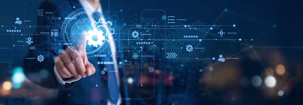 Settings control specific system preferences. A technical user hand touch Settings icon to adjust configurations. This functional network control is a basic interface management concept.