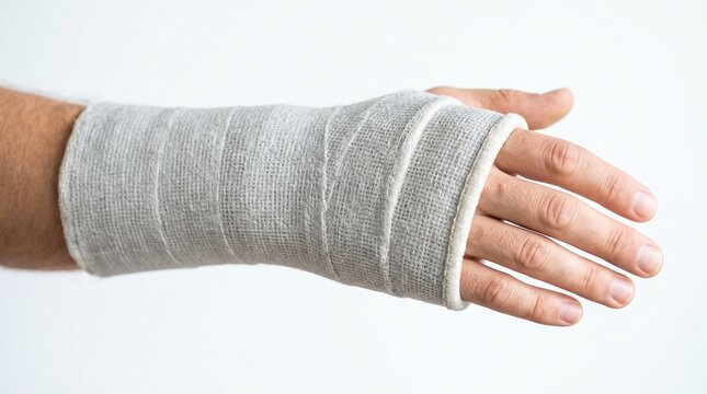 Human hand with orthopedic cast for wrist injury recovery on white