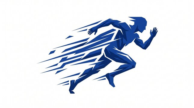 Blue geometric runner moving quickly with sharp motion streak lines effect