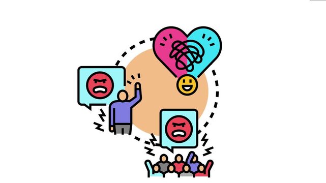 Aggressive intent manifesting as anger and conflict, influencing a speaker and a protesting crowd, visually representing negative emotions and communication issues