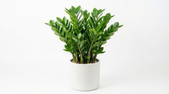 Zamioculcas zamiifolia plant in white pot isolated on white background