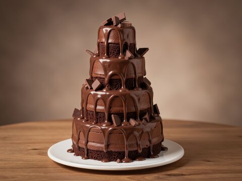Rich Chocolate Layer Cake with Drizzled Glaze and Shards on White Plate Over Wooden Table