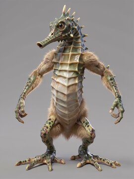 Fantasy Sea Horse Creature Standing On Two Legs With Spiked Back And Fur Covered Body In Studio Lighting