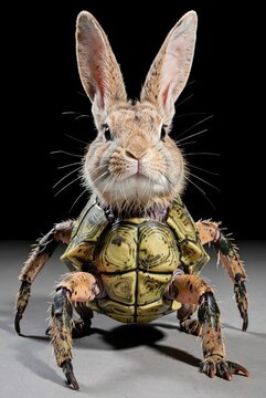 Rabbit Turtle Hybrid Creature Portrait Studio Shot Against Black Background With Dramatic Lighting