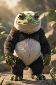 Cute green frog creature with fluffy white fur standing upright on rock in sunlit forest environment