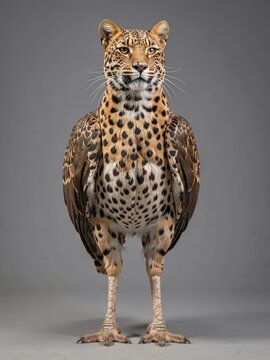 Leopard With Wings Standing On Gray Background &ndash; Hybrid Animal Portrait Studio Shot