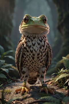 Cute green frog owl hybrid creature standing mossy forest ground sunlight dappled realistic fantasy animal portrait