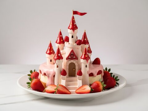 Strawberry Castle Cake Dessert with Red Cones and Fresh Berries &ndash; Sweet Fantasy Treat for Kids Birthday Party