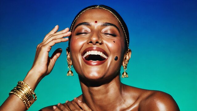 South Asian Indian woman portrait with bindi and gold jewelry, editorial flash photography &mdash; perfect for cultural beauty campaigns, ethnic jewelry branding, and profile avatar use