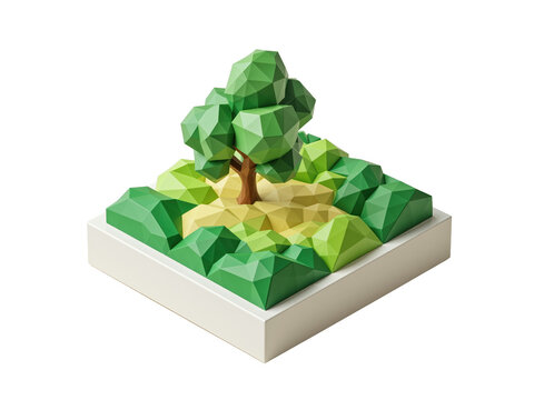 Low poly isometric island displaying a vibrant nature landscape, isolated on transparent background