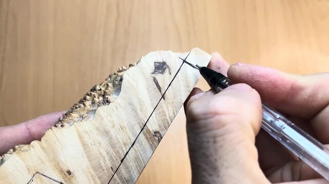 A woodworker marks and measures a burl wood block