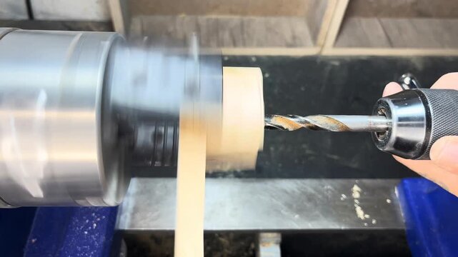 Drilling a hole in a spinning wood block on a lathe