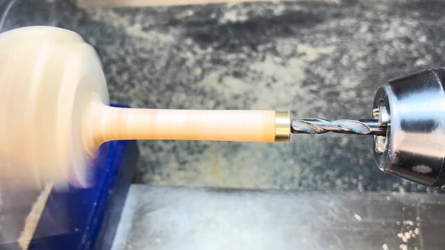 Drill bit boring a hole into wood on a lathe