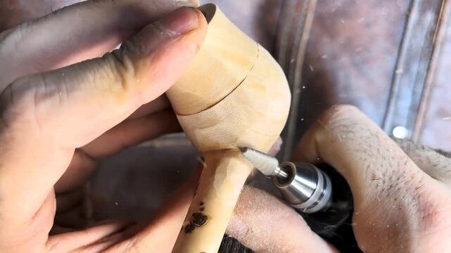 Craftsman carefully sands a wooden tobacco pipe
