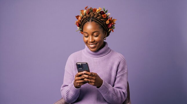 Young woman smiling while using smartphone in studio setting