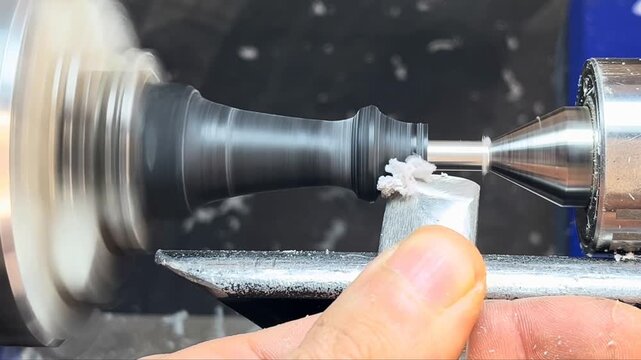 Craftsman carving a chess piece on a workshop lathe