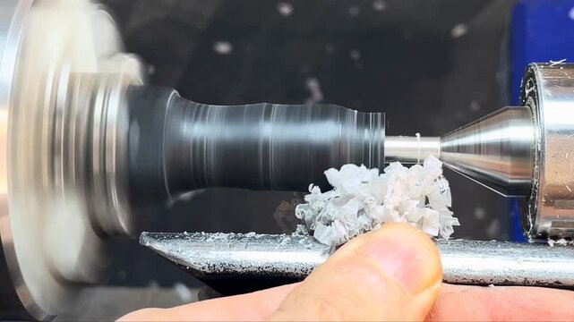 Craftsman using a lathe to shape a piece of plastic