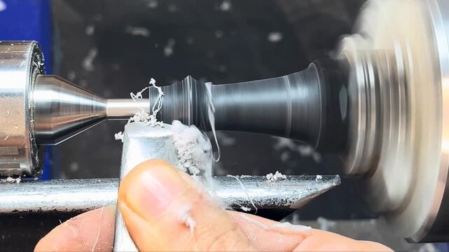 Artisan carving a chess piece on a spinning lathe