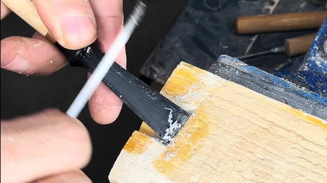 Artisan carefully files a small object on a workbench
