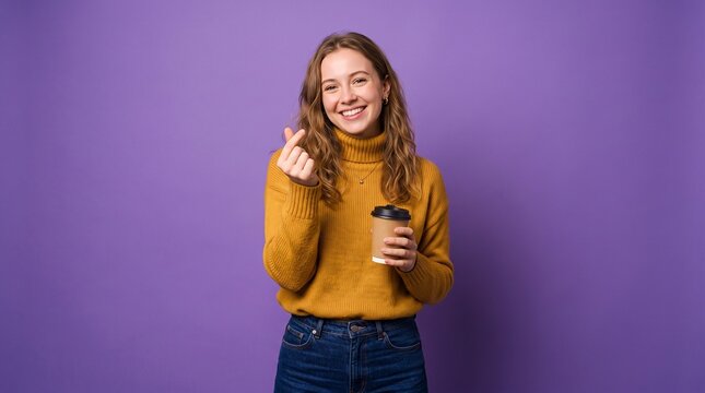 Young woman making finger heart gesture for social media or communication