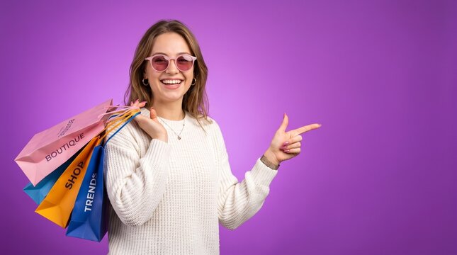 Happy woman holding shopping bags and pointing at purple background