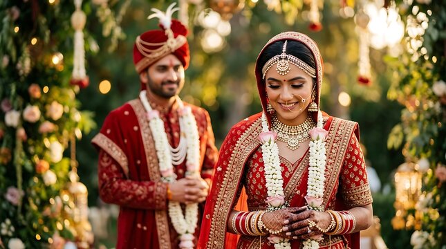 A beautiful indian bride and groom standing together during a traditional wedding ceremony with festive floral decorations