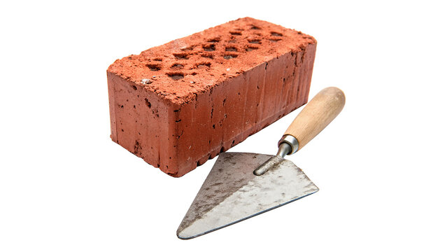 Red building brick with builder trowel tool isolated on transparent background cut out