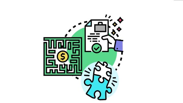 Agile problem solving process using a framework, navigating difficulties like a maze to find solutions, and completing a puzzle piece for successful business strategy development