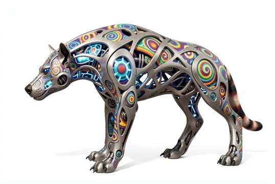 Vibrant Cybernetic Hyena Sculpture With Swirling Patterns And Neon Accents For Modern Art Installations