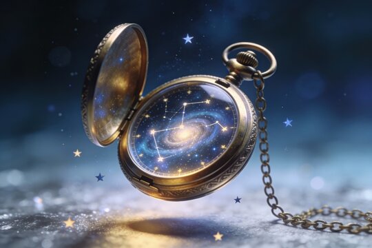 Vintage pocket watch reveals cosmic galaxy inside its open face against starry night sky background