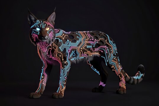 Neon Circuit Board Lynx Feline Digital Animal Cybernetic Predator Glowing Tech Fusion Futuristic Wildlife Artwork