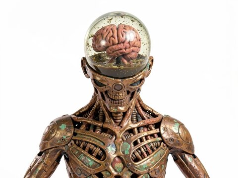 Copper-toned biomechanical figure with glass dome housing brain, sci-fi aesthetic, detailed anatomy, metallic textures