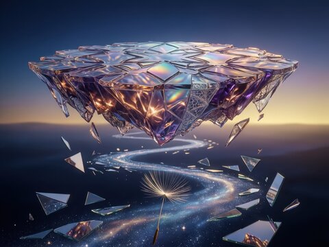 Floating crystalline structure shatters into geometric shards against cosmic twilight sky with iridescent reflections