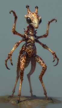 Giant mechanical insect creature with giraffe-like patterns standing on rocky terrain under soft studio lighting