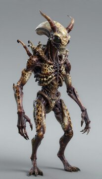 Alien Creature with Horns and Spines Standing Threateningly in Studio Lighting &ndash; Detailed Sci-Fi Horror Figure