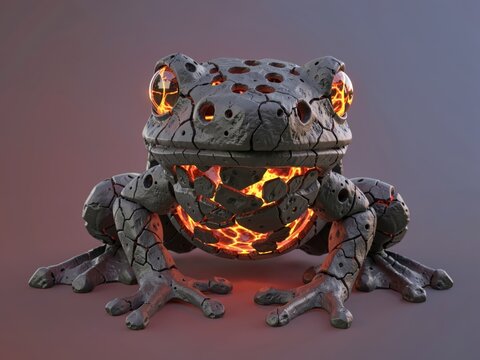 Lava-Filled Rock Frog Statue With Glowing Eyes And Molten Core &ndash; Fantasy Creature Sculpture For Interior Decor Or Gaming Art