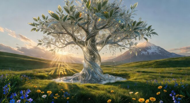 Magical silver tree glowing at sunrise with mountain backdrop and wildflowers in meadow under golden light