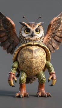 Fantasy Owl-Turtle Hybrid Creature With Wings Open, Detailed Textures, Brown Green Accents, Studio Lighting