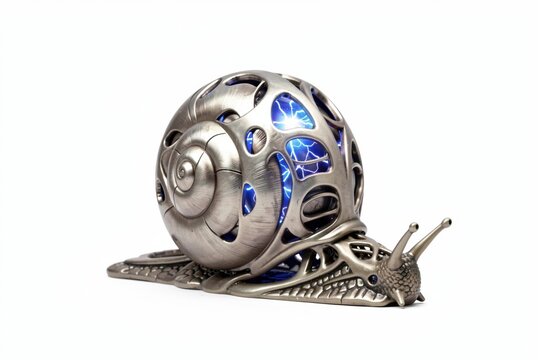 Futuristic metallic snail sculpture glowing blue energy inside intricate shell design isolated white background