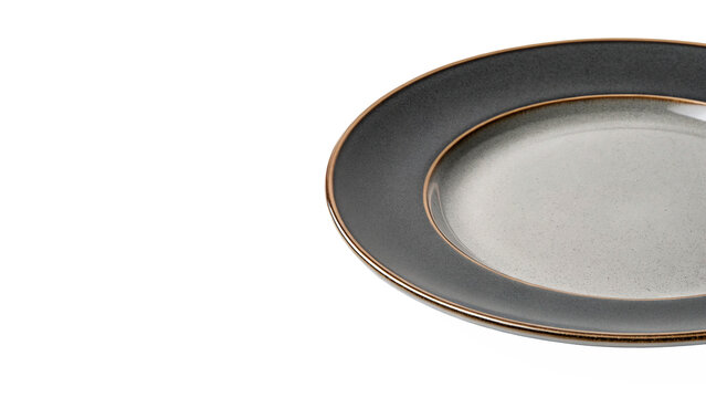 Close up side angle view of grey plate isolated on transparent background cut out