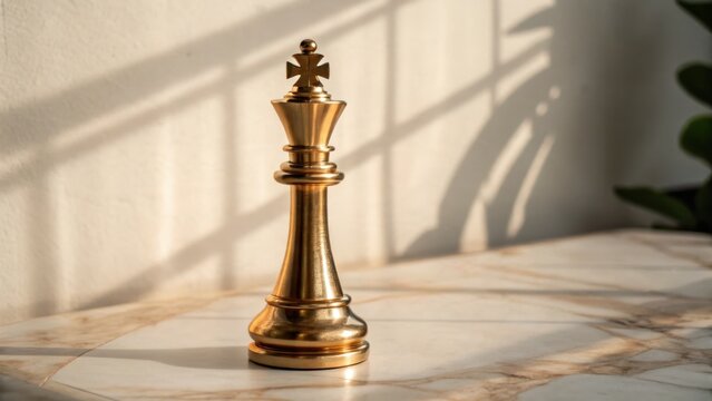 Elegant gold chess king piece on a marbled surface