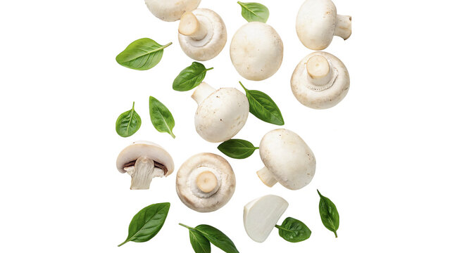 Fresh raw white button mushrooms with mint leaves isolated on transparent background cut out