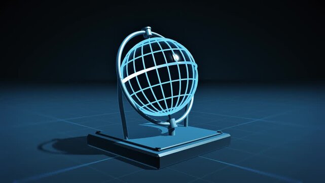 Rotating blue wireframe globe on axis stand with grid floor